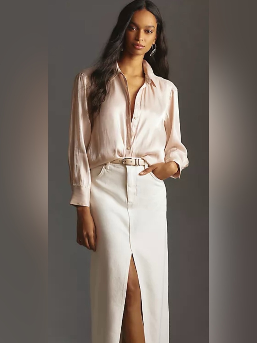 Anthropologie Cream Midi Pencil Skirt with Front Slit